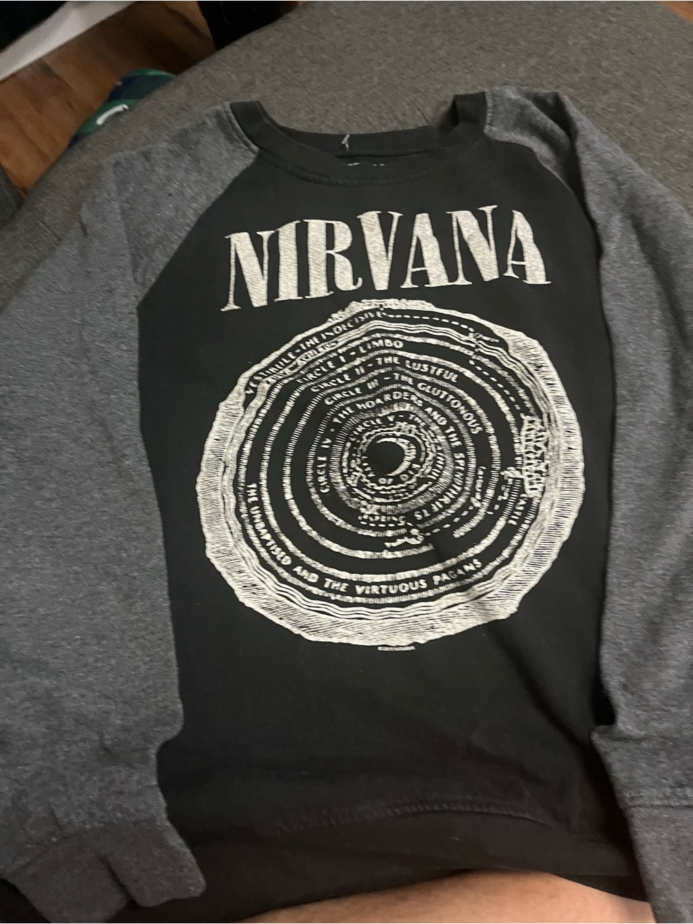 NIRVANA Black Body with Gray Raglan Sleeve Crewneck Sweatshirt